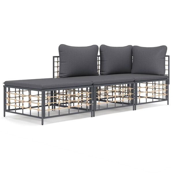 vidaXL Salon de jardin 3 pcs avec coussins anthracite r&eacute;sine tress&eacute;e