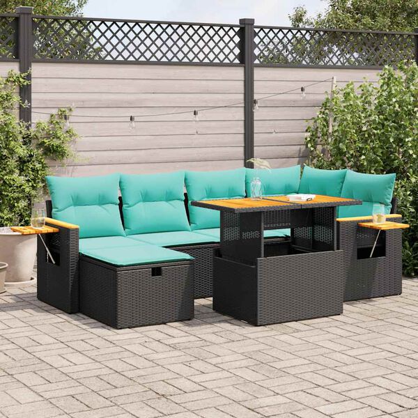 vidaXL Salon de jardin avec coussins 7pcs marron r&eacute;sine tress&eacute;e acacia