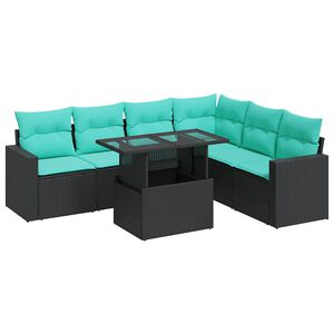 vidaXL Salon de jardin avec coussins 7pcs noir r&eacute;sine tress&eacute;e acacia