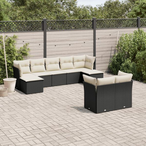 vidaXL Salon de jardin 9 pcs avec coussins noir r&eacute;sine tress&eacute;e
