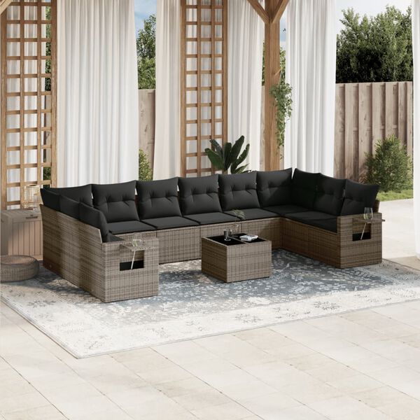 vidaXL Salon de jardin 11 pcs avec coussins gris r&eacute;sine tress&eacute;e