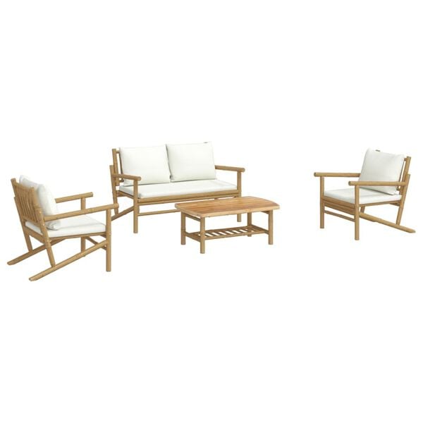 vidaXL Salon de jardin 4 pcs avec coussins blanc cr&egrave;me bambou