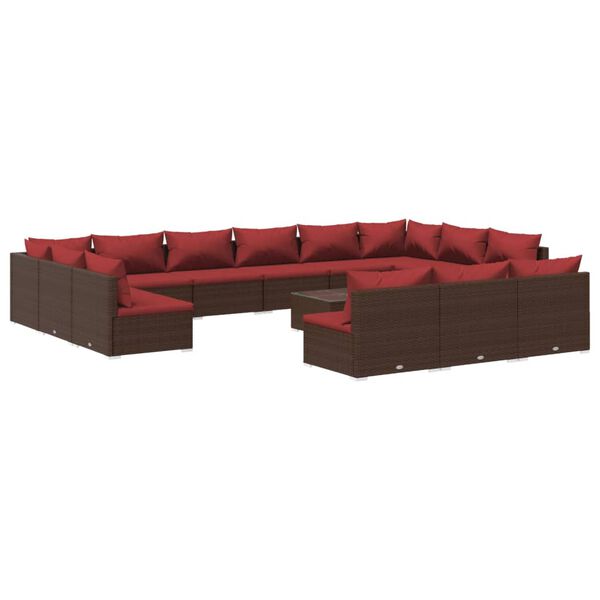 vidaXL Salon de jardin 14 pcs avec coussins Marron R&eacute;sine tress&eacute;e