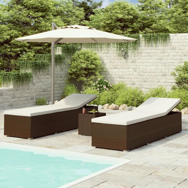 vidaXL Chaise longue de jardin table &agrave; th&eacute; 3 pcs R&eacute;sine tress&eacute;e Marron