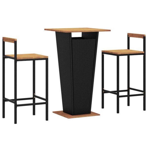vidaXL Ensemble de bar jardin 3 pcs noir poly rotin/bois massif acacia