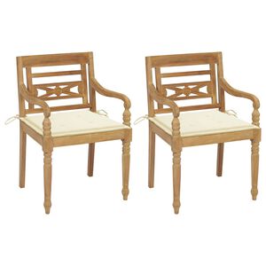 vidaXL Chaises Batavia lot de 2 et coussins cr&egrave;me Bois de teck massif