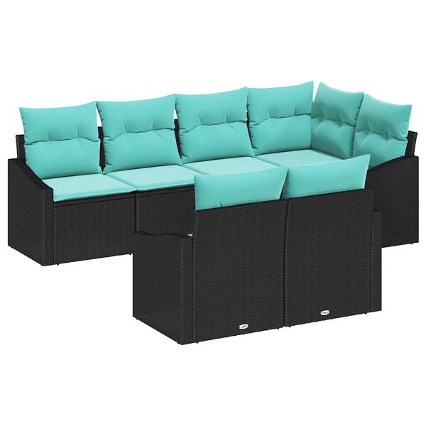 vidaXL Ensemble de canap&eacute; de jardin 7 pcs Noir et turquoise polyrotin