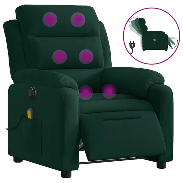 vidaXL Fauteuil inclinable de massage &eacute;lectrique vert fonc&eacute; velours