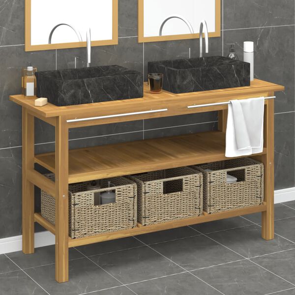 vidaXL Armoire de salle de bain et lavabos en marbre noir Teck massif