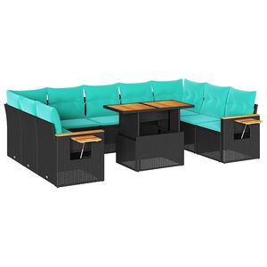 vidaXL Salon de jardin 10 pcs avec coussins noir r&eacute;sine tress&eacute;e acacia