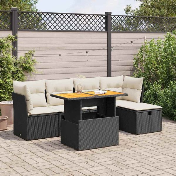 vidaXL Salon de jardin 6 pcs avec coussins noir résine tressée acacia