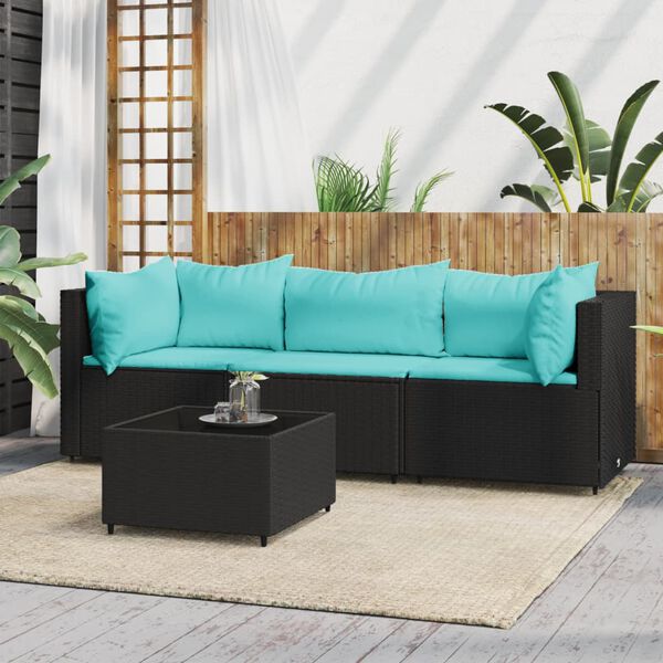 vidaXL Salon de jardin 4 pcs avec coussins Noir R&eacute;sine tress&eacute;e