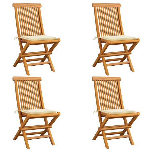 vidaXL Chaises de jardin et coussins cr&egrave;me lot de 4 Bois teck massif