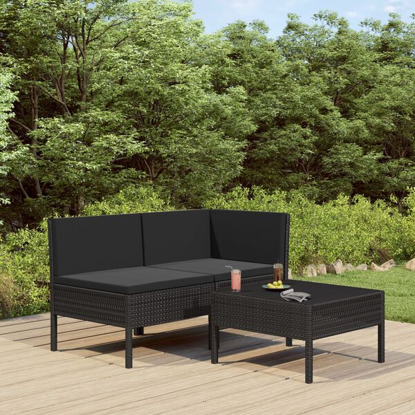 vidaXL Salon de jardin 3 pcs avec coussins R&eacute;sine tress&eacute;e Noir