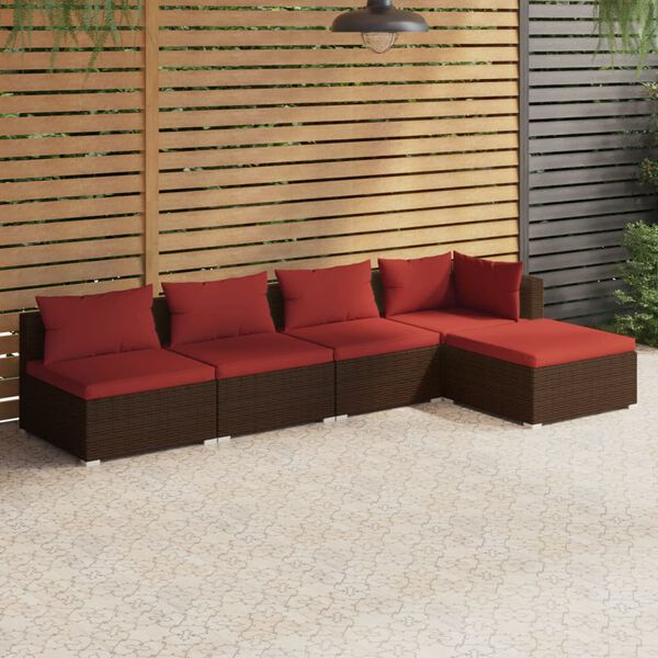 vidaXL Salon de jardin 5 pcs avec coussins r&eacute;sine tress&eacute;e marron