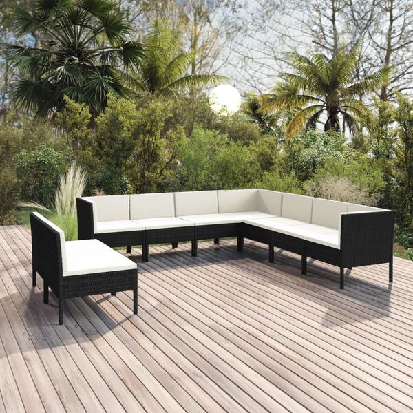vidaXL Salon de jardin 9 pcs avec coussins R&eacute;sine tress&eacute;e Noir
