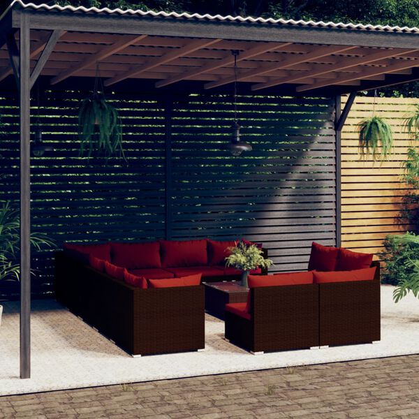 vidaXL Salon de jardin 13 pcs avec coussins Marron R&eacute;sine tress&eacute;e