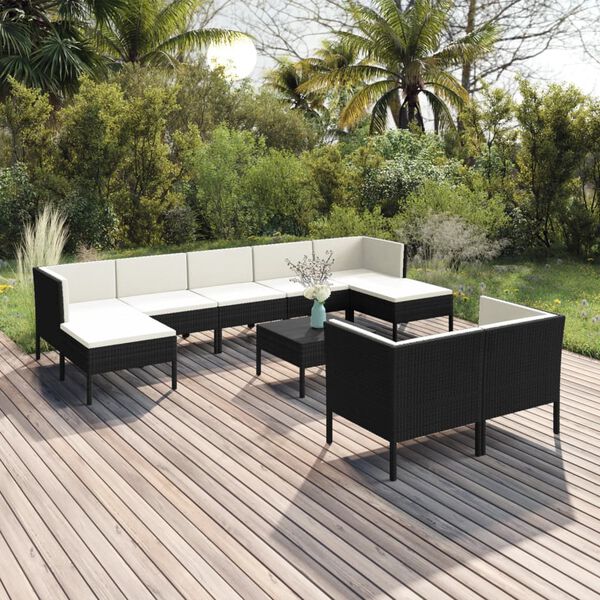 vidaXL Salon de jardin 10 pcs avec coussins R&eacute;sine tress&eacute;e Noir
