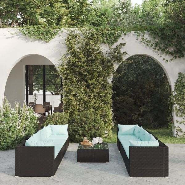 vidaXL Salon de jardin 9 pcs avec coussins R&eacute;sine tress&eacute;e Noir