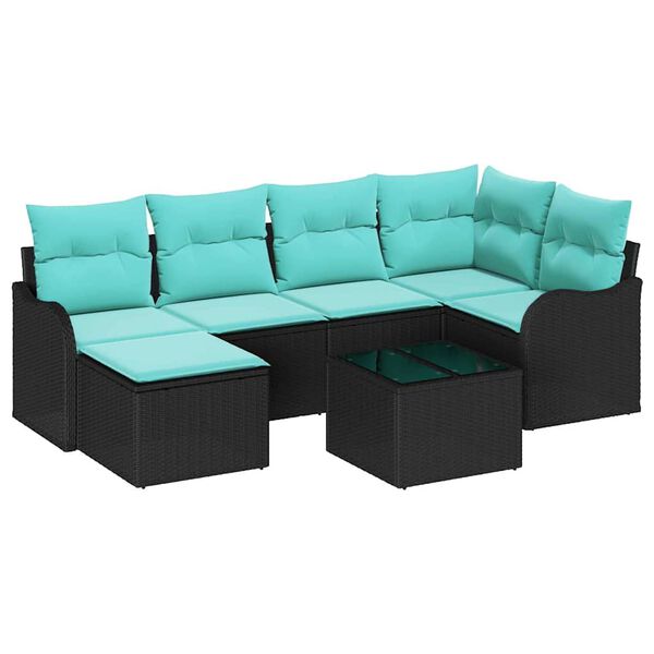 vidaXL Ensemble de canap&eacute; de jardin 7 pcs Noir et turquoise Poly rotin