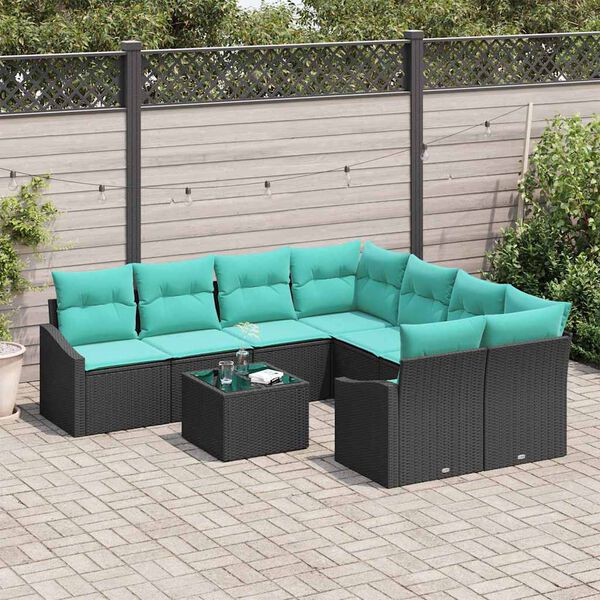 vidaXL Ensemble de Canap&eacute;s 9 pcs Noir et turquoise polyrotin