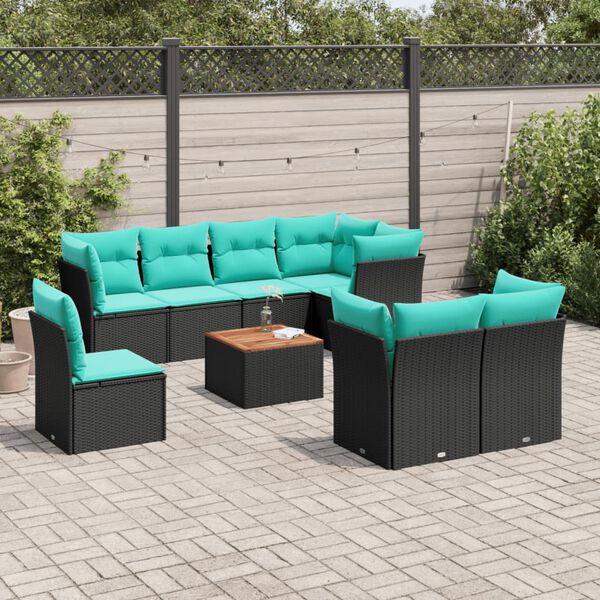 vidaXL Salon de jardin 9 pcs avec coussins noir r&eacute;sine tress&eacute;e