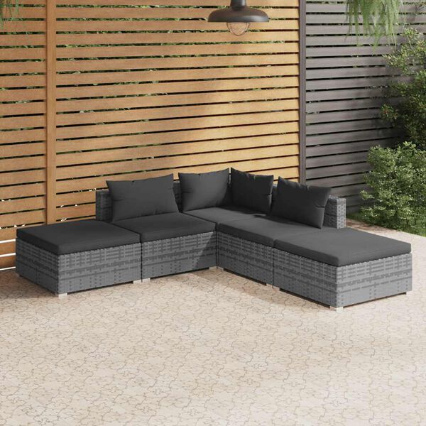 vidaXL Salon de jardin 5 pcs avec coussins R&eacute;sine tress&eacute;e Gris