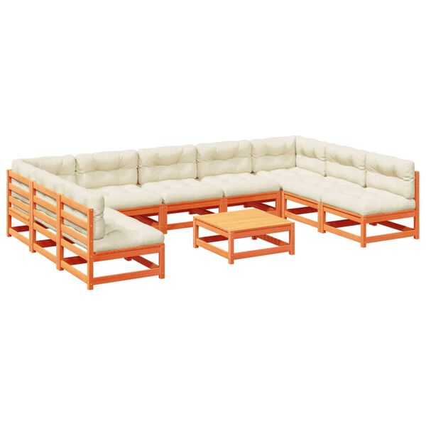 vidaXL Salon de jardin 10pcs avec coussins cire marron bois pin massif