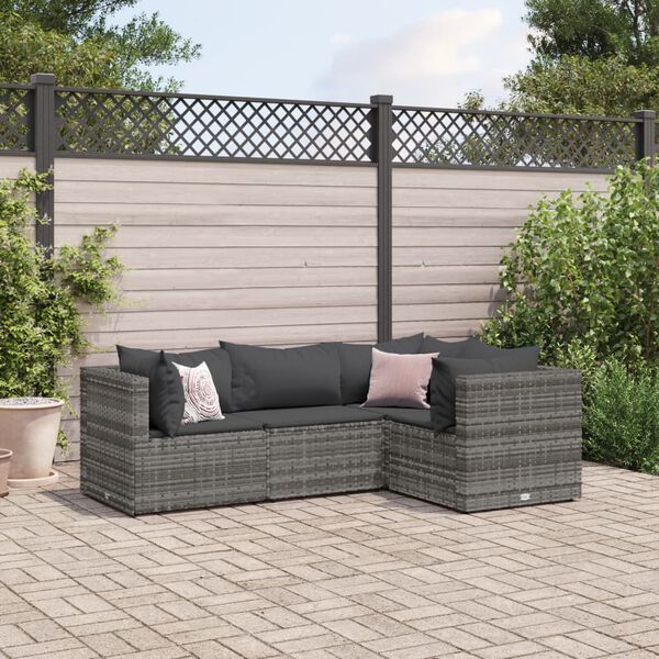 vidaXL Salon de jardin 4 pcs avec coussins Gris R&eacute;sine tress&eacute;e