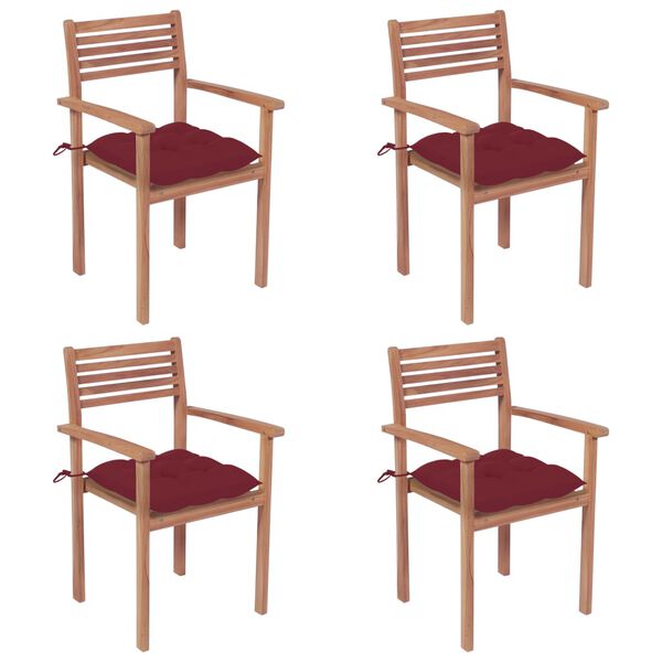 vidaXL Chaises de jardin lot de 4 avec coussins bordeaux Teck solide