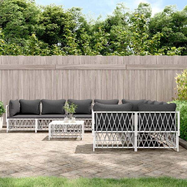 vidaXL Salon de jardin avec coussins 9 pcs blanc acier