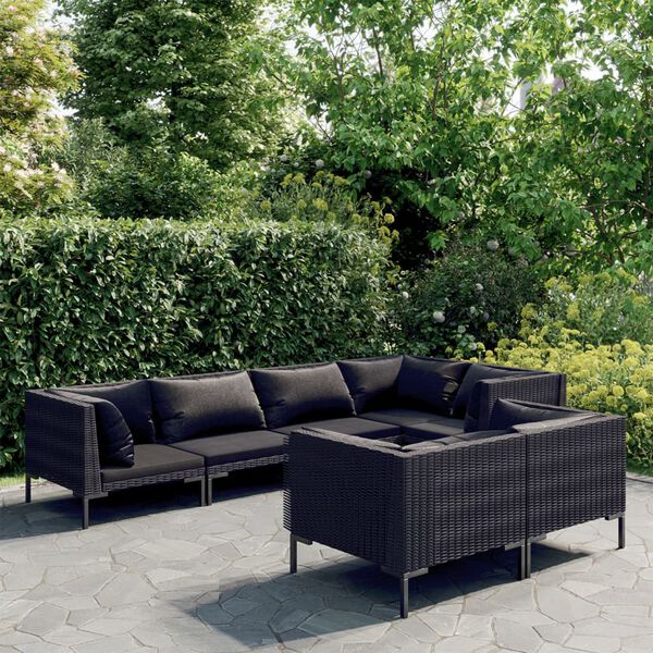 vidaXL Salon de jardin 7 pcs avec coussins R&eacute;sine tress&eacute;e Gris fonc&eacute;