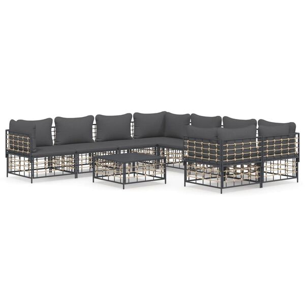 vidaXL Salon de jardin 9 pcs avec coussins anthracite r&eacute;sine tress&eacute;e