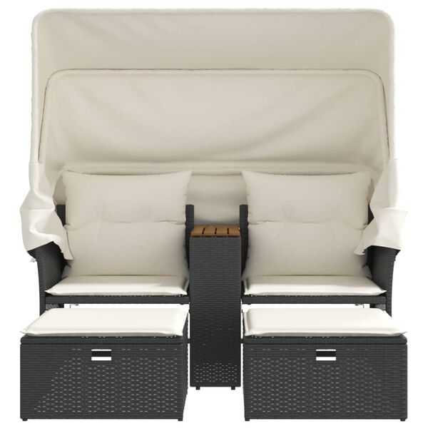 vidaXL Canap&eacute; de jardin 2 places avec auvent et tabourets noir rotin