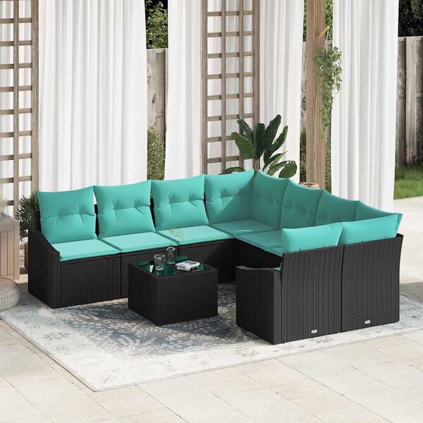vidaXL Ensemble de Canap&eacute;s 9 pcs Noir et turquoise polyrotin