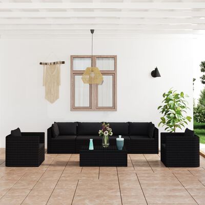 vidaXL Salon de jardin 7 pcs avec coussins Résine tressée Noir