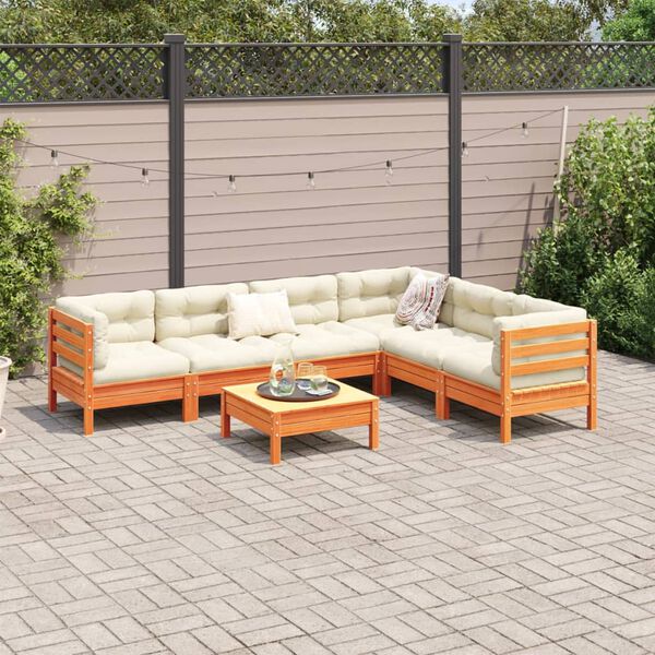 vidaXL Salon de jardin 7 pcs avec coussins cire marron bois pin massif