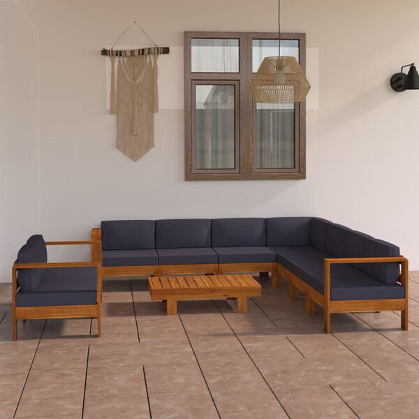 vidaXL Salon de jardin 9 pcs avec coussins gris fonc&eacute; Bois d'acacia