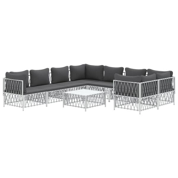 vidaXL Salon de jardin avec coussins 9 pcs blanc acier