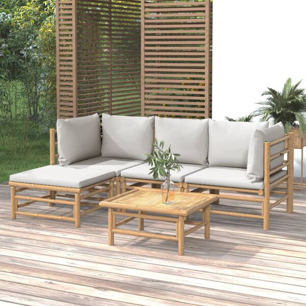 vidaXL Salon de jardin 5 pcs avec coussins gris clair bambou