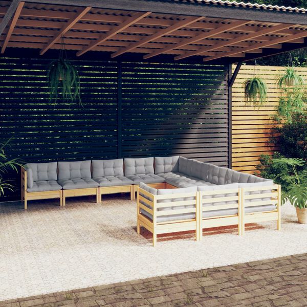vidaXL Salon de jardin 11 pcs avec coussins gris bois de pin