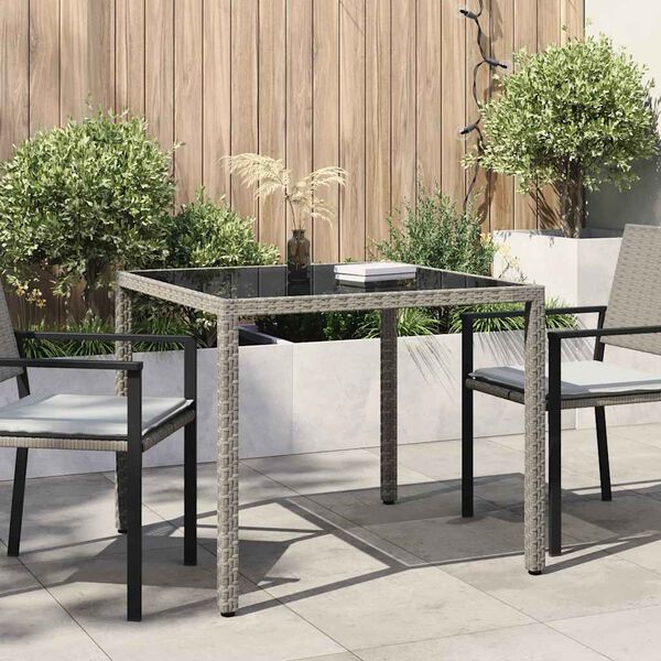 vidaXL Table de jardin 90x90x75 cm Verre tremp&eacute; et r&eacute;sine tress&eacute;e Gris