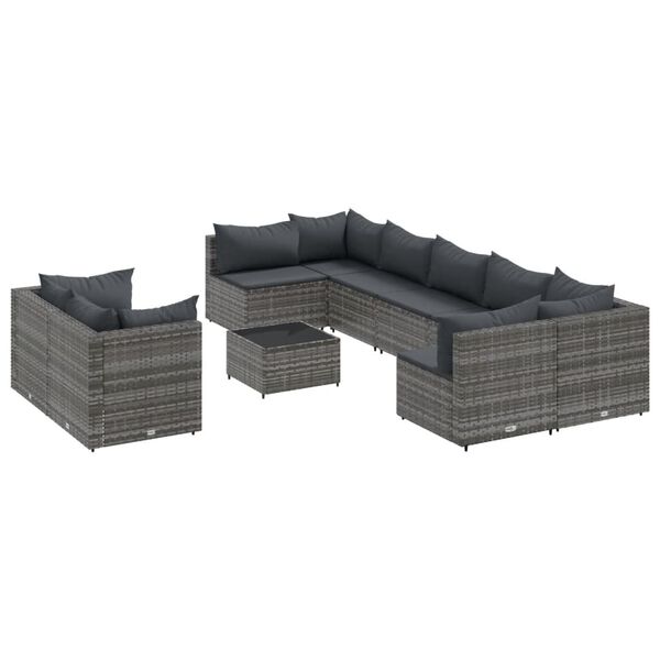 vidaXL Salon de jardin avec coussins 10 pcs gris r&eacute;sine tress&eacute;e