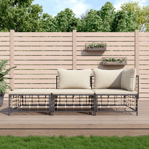 vidaXL Salon de jardin 3 pcs avec coussins anthracite r&eacute;sine tress&eacute;e