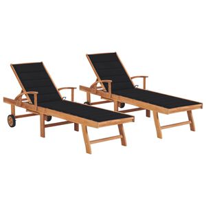 vidaXL Chaises longues lot de 2 avec coussin noir Bois de teck solide