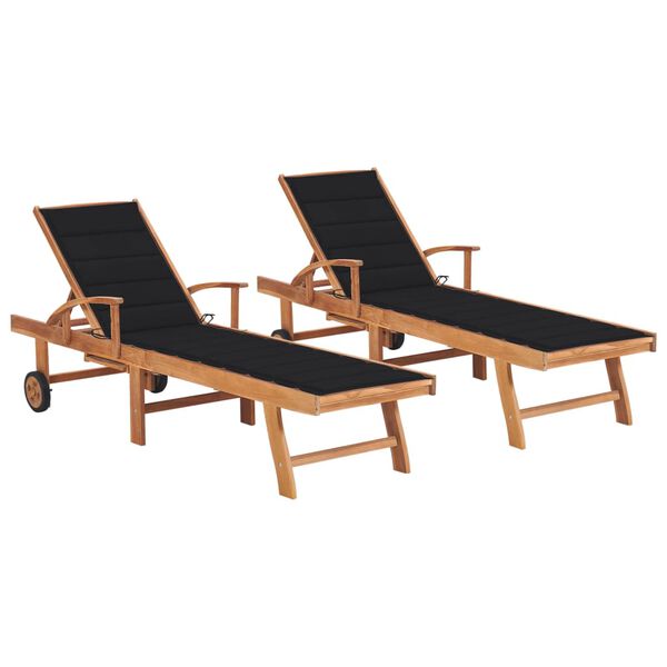 vidaXL Chaises longues lot de 2 avec coussin noir Bois de teck solide