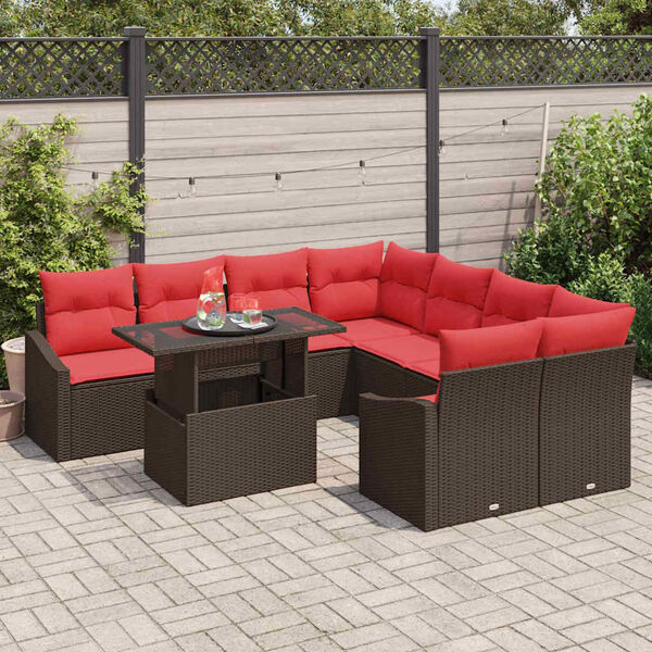 vidaXL Ensemble de canapé de jardin 9 pcs Marron et rouge polyrotin