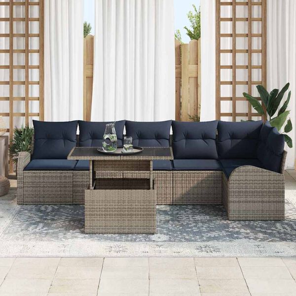 vidaXL Ensemble de canap&eacute; de jardin 7 pcs Gris et bleu marine