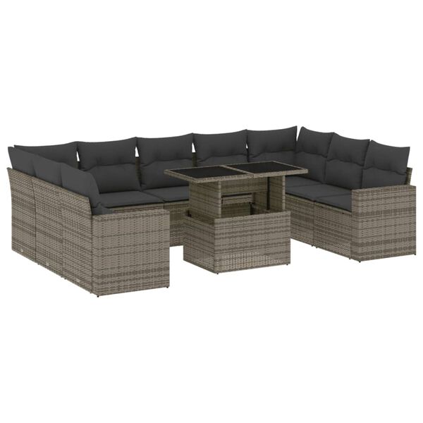 vidaXL Salon de jardin avec coussins 10 pcs gris résine tressée