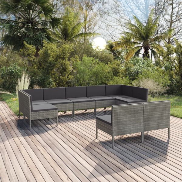 vidaXL Salon de jardin 9 pcs avec coussins R&eacute;sine tress&eacute;e Gris
